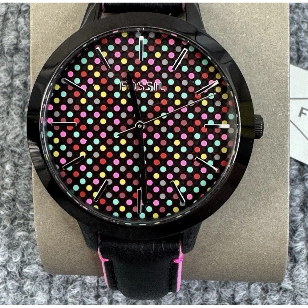 Fossil Watch BQ3151 Polka Dot Black Dial Black Leather‎ Strap Women's UNTESTED